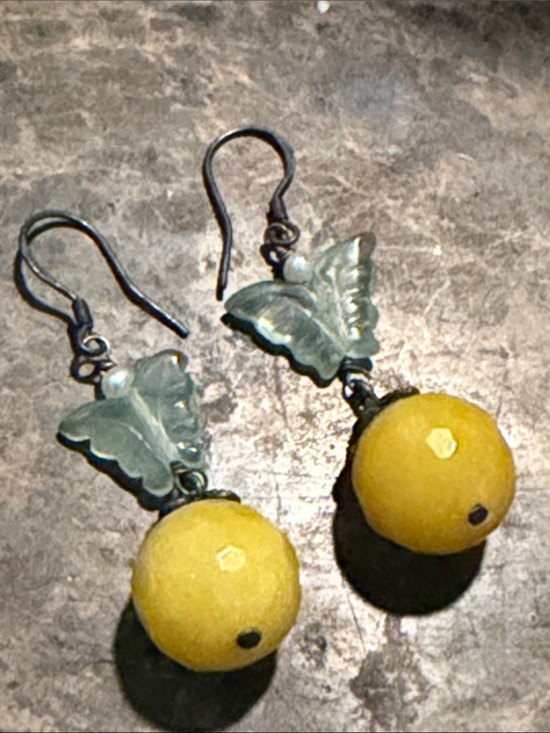 Artisan Jewelry - Unique pierced butterfly jade and pearl semi precious sterling silver wires